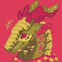 A pixellated headshot drawing of Matcha, a green dragon with pink and white accents.
