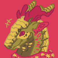 A pixellated headshot drawing of Matcha, a dog-like green dragon with pink and white accents. They're smiling.